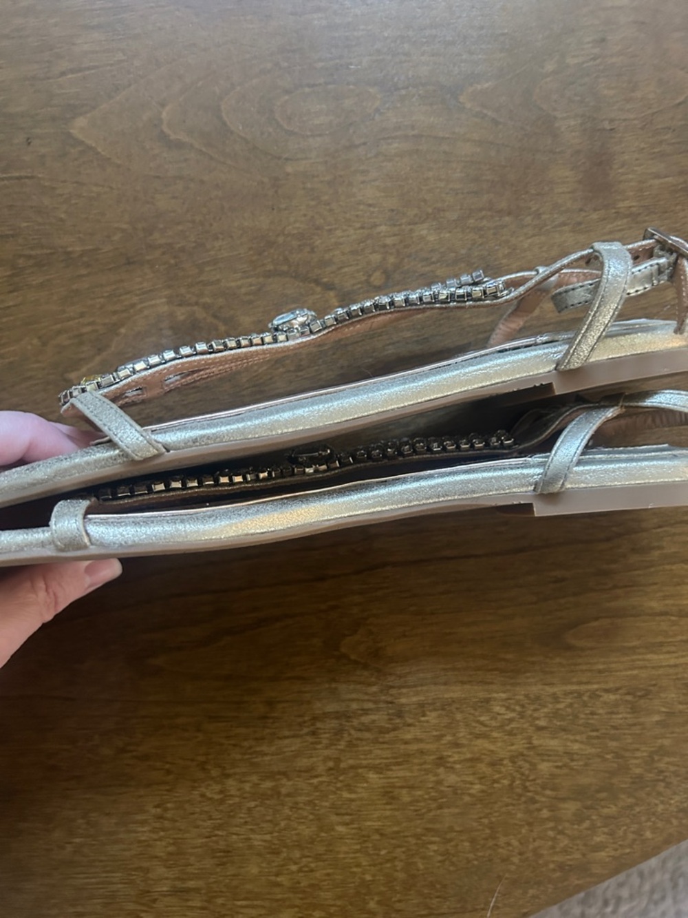 Badgley Mischka Metallic Gold Jeweled T-Strap Sandals - Picture 4 of 5